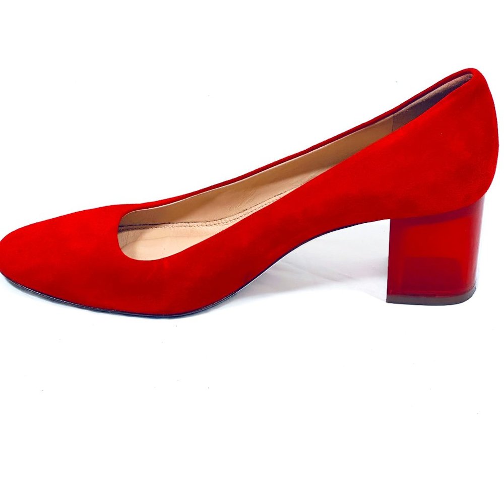 J. Crew, red suede pump with lucite heel